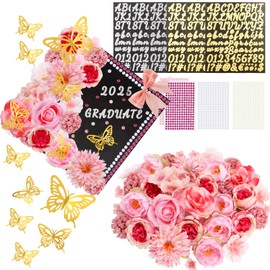 61 Pcs Graduation Cap Decorations Kits, Grad Cap Topper Decorations Included Faux Flowers 3D Butterfly Bow Rhinestones Alphabet Letter Stickers for Graduation Cap Topper DIY Craft Art Decor (Pink)