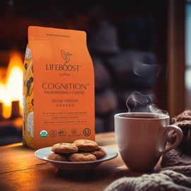 LIFEBOOST Lifeboost Cognition Adaptogenic Decaf Mushroom Coffee - Lions Mane & Chaga Nootropic Coffee - Low Acid Decaf Medium Organic Coffee - Increase Energy, Boost Focus & Immune Support - 12 oz Bag - Ground