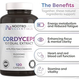 Nootro Essentials Cordyceps Supplements, High Strength 10:1 Mushroom Extract with 10000Mg & 40% Polysaccharides, Supports Peak Performance & Energy Levels (60 Servings, 2 Months Supply)