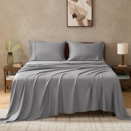 GOKOTTA Queen Size Bed Sheets 4 Piece Set, Super Soft Sheets, Cooling Sheets for Hot Sleepers - Hotel Luxury Silky Breathable Sheet, Deep Pocket Up to 16" - Durable Double Stitched (Grey)