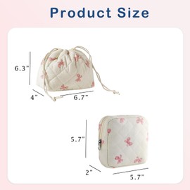 RSRSLEII 2Pcs Small Cotton Quilted Makeup Bag Set, Cute Coquette Drawstring Cosmetic Bag with Canvas Lining, Aesthetic Travel Organized Toiletry Bags for Purse (04White Pink)
