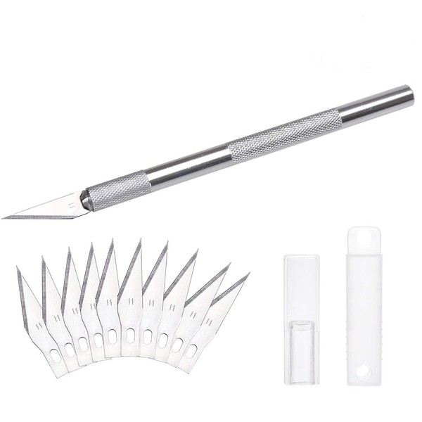 DealKits Scalpel Set incl. 10x SK5 replacement blades and protective cap, craft knife, craft knife, cutter knife, comfortline, hobby scalpel carving knife for cutting fondant fabric carbon foil craft (silver)