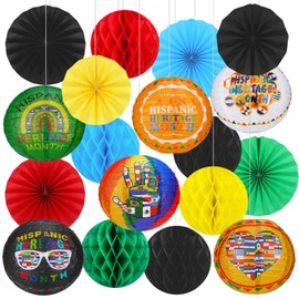 Fullhawl 18 Pcs Hispanic Heritage Month Party Hanging Decoration Black Red Green Yellow Hanging Paper Lanterns Round Honeycomb Ball Paper Fans for American Hispanic Heritage Month Party Decorations