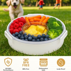 Lustroware Gourmet Palette Airtight 5-Compartment Round Serving Tray with Lid – Portable Snackle Platter & Charcuterie Organizer Box with Removable Dividers for Fruit, Vegetables, Snacks, Appetizers