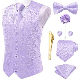 Hi-Tie Light Purple Silk Vest Tie and Bowtie for Mens Paisley Set Lapel Pin Gold Tie Clip Paisley Floral Waistcoat 8PCS Set Tuxedo Wedding Party