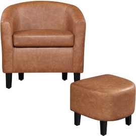 Topeakmart Accent Chair with Ottoman, Mid Century Modern Barrel Faux Leather Chair with Footrest Comfy Armchair and Ottoman Set, Upholstered Club Tub Chair for Living Room Bedroom Reading Room, Brown
