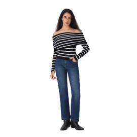 CIDER Striped Off The Shoulder Long Sleeve Knit Sweaters Going Out Fall Tops: Black & White, M