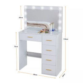 Yamissi White Vanity Desk with LED Lighted Mirror and 5 Drawer,3 Color Adjustable Lights