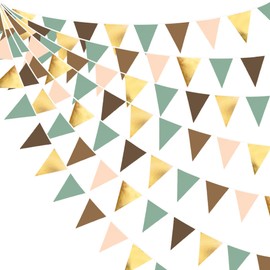 32Ft Sage Green Brown Gold Party Decorations Triangle Fabric Pennant Banner Flag Bunting Garland for Jungle Safari Wild Woodland Animal Zoo Forest Dinosaur Birthday Wedding Baby Shower Party Supplies