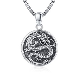 CRWENG Dragon Necklaces 925 Sterling Silver Dragon Photo Box Pendant Chain for Dad Photo Locket Chains Can Hold Two Photos Dragon Jewellery for Men and Women, Sterling Silver, No Gemstone