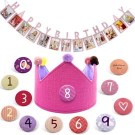 Felicify Birthday Crown Girl, Birthday Crown Children with 0-9 Interchangeable Numbers, Crown Birthday Girl, Birthday Crown Muslin, with Photo Garland for Birthday, Happy Birthday