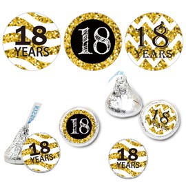 18th Birthday Black Gold Glitter Round Party Favor Stickers - Chocolate Drop Labels, 180 Count