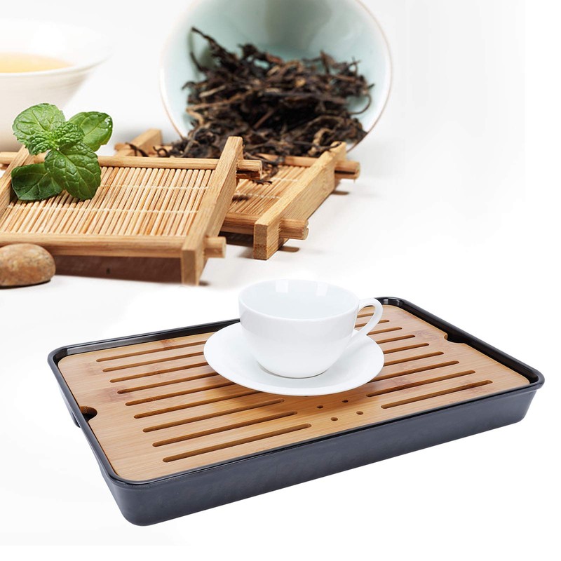 Tea Tray, Rectangular Bamboo Tea Tray with Drip Plate, Teapot,