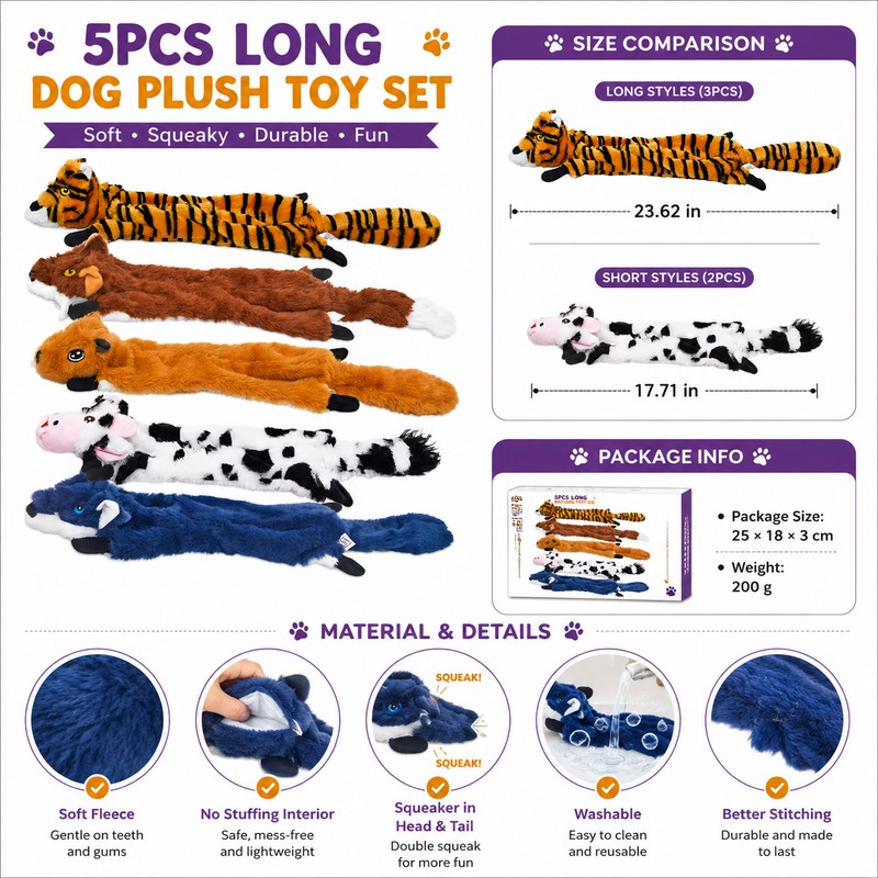 5 pieces No-Stuffing Dog Squeaky Toy for Interactive Play –