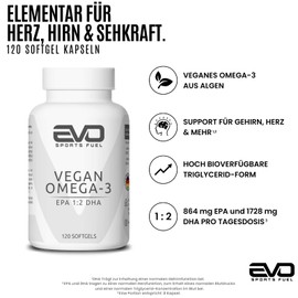 EVO SPORTS FUEL EVO SPORTS FUEL Omega 3 Vegan aus Algen?l - 120 Kapseln - hochdosiert mit 5760 mg Algen?l pro Tag - EPA 1:2 DHA - nachhaltig - gepr1fte Qualit?t - Made in Germany