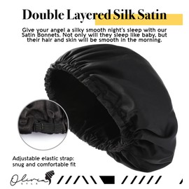 Olivia Sylx - Satin & Silk Toddler Bonnet - Sleep Cap for Girls, Hair Cover for Sleeping - Adjustable (Black/Black, 0-3 Year)