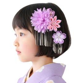 【OTAKUMARKET】浴衣 髪飾り 子供 七五三 袴 着物 卒業式 夏祭り 和装 卒業式 髪留め 花 クリップ ヘアアクセサリー 2点セット (紫)