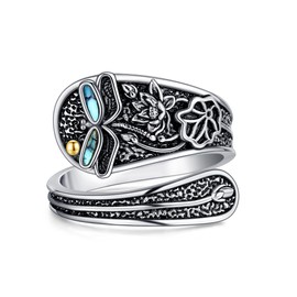 DAYLINLOVE Dragonfly Spoon Ring 925 Sterling Silver lotus Turquoise Adjustable Thumb Open Ring Turquoise Jewellery Gifts for Women Girls Dragonfly lotus Lover