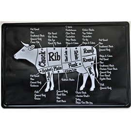 Retro Metal BBQ Wall Sign Tin Vintage Cow Cuts Beef Kitchen Dad Gift Butcher