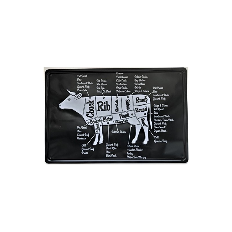Retro Metal BBQ Wall Sign Tin Vintage Cow Cuts Beef