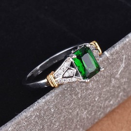 Sdouefos S925 Silver Women's Ring Inlaid with Emerald Square Diamond Zircon Ring Fashionable and Atmospheric Plated 14k Ring (Q)