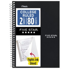 Five Star Spiral Notebook, 2 Subject, College Ruled Paper, 6" x 9-1/2", 80 Sheets, Fights Ink Bleed, Water Resistant Cover, Black (840029AA2-ECM)