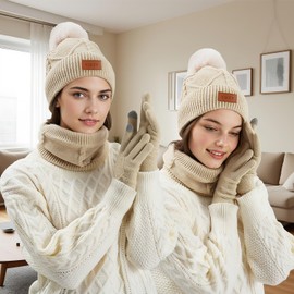 3 Pieces Winter Hat Scarf Glove Set for Women,Fleece Lined Beanie with Pom Pom,Touchscreen Gloves Knit Scarf for Cold Weather (3pcs kid blue)