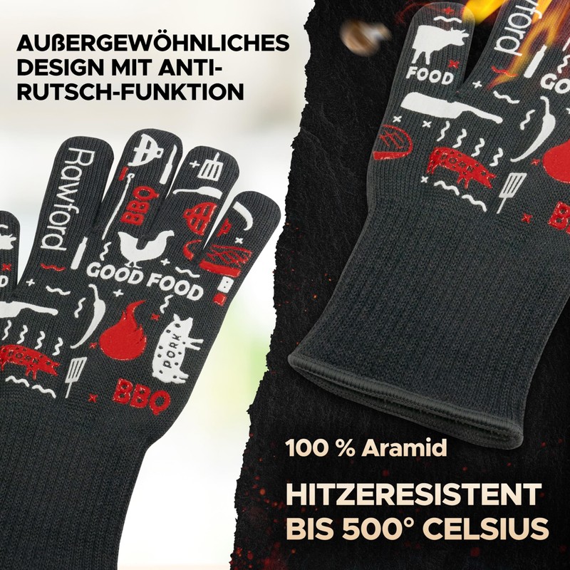 Rawford Grillhandschuhe, Ofenhandschuhe Hitzebeständige bis zu 500 ° C, Premium