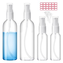 Zoizocp Spray Bottles, 2oz/50ml, 3.4oz/100ml Clear Empty Fine Mist Plastic Mini Travel Bottle Set, Small Refillable Liquid Containers with 2pcs Funnels and 24pcs Labels (4 Pack)