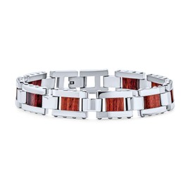 Mens Genuine Brown Wood and Silver Tone Stainless Steel Bracelet with Strong Rectangle Link Design 9 Inch Length