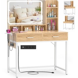 Small Vanity Desk, Vanity Desks with Mirror and Lights, Makeup Desk with Power Strip, Makeup Vanities with Drawers and Shelves, Adjustable Lighting, Dressing Table for Bedroom Dressing Room, Nature
