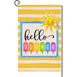 U-Vathing Hello Summer Beach Garden Flag, 12x18 Inch Hello Summer Ice Cream Garden Flag Burlap, Vertical Double Sided Colorful Popsicle Holiday Outside Decorations Burlap Yard Flag, Summer Tropical Hawaii Beach Vertical Garden Yard Flags