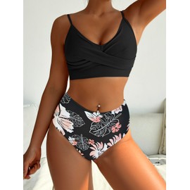 SOULSHE - Conjunto de bikini de cintura alta para mujer, control de abdomen y tirantes delgados ajustables, Negro -, Large