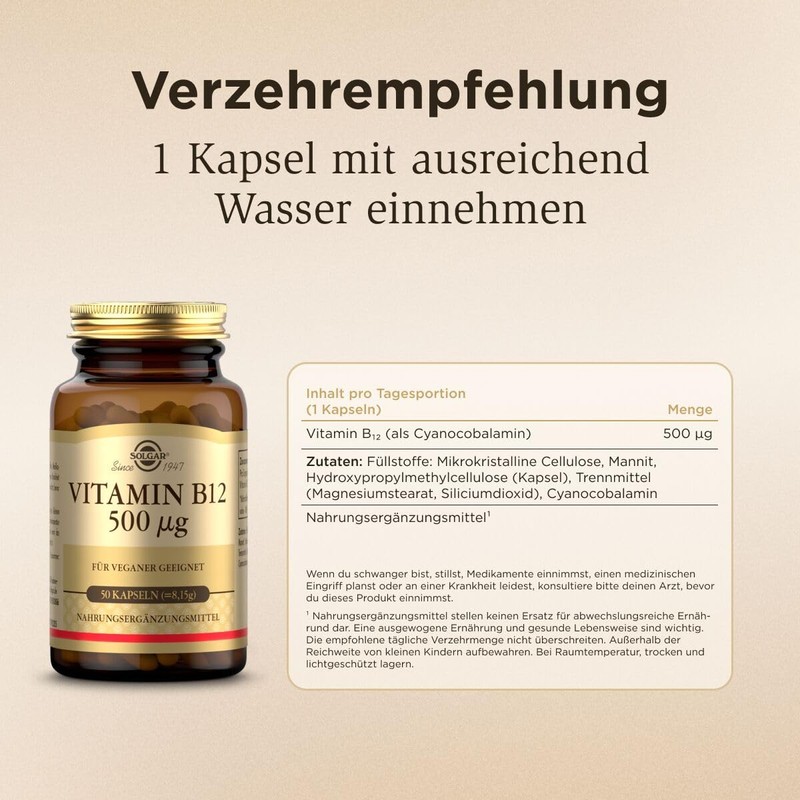 SOLGAR Vitamin B12 500μg - Supports Nerves, Psyche & Energy