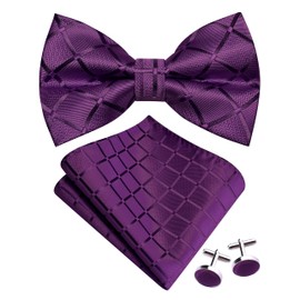 GUSLESON Dark Purple Bow Tie Pocket Square Set for Wedding Pre-Tied Plaid Purple Bowties Handkerchief Cufflinks for Men (0494-20)