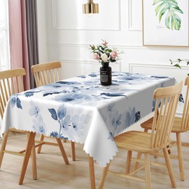 TTQYFNM 60x84inches Watercolor Blue Floral Tablecloth Navy and White Flowers Printed Modern Minimalist Art Rectangle Table Cloth Waterproof Fabric Table Cover for Kitchen Dining Room Party Decors