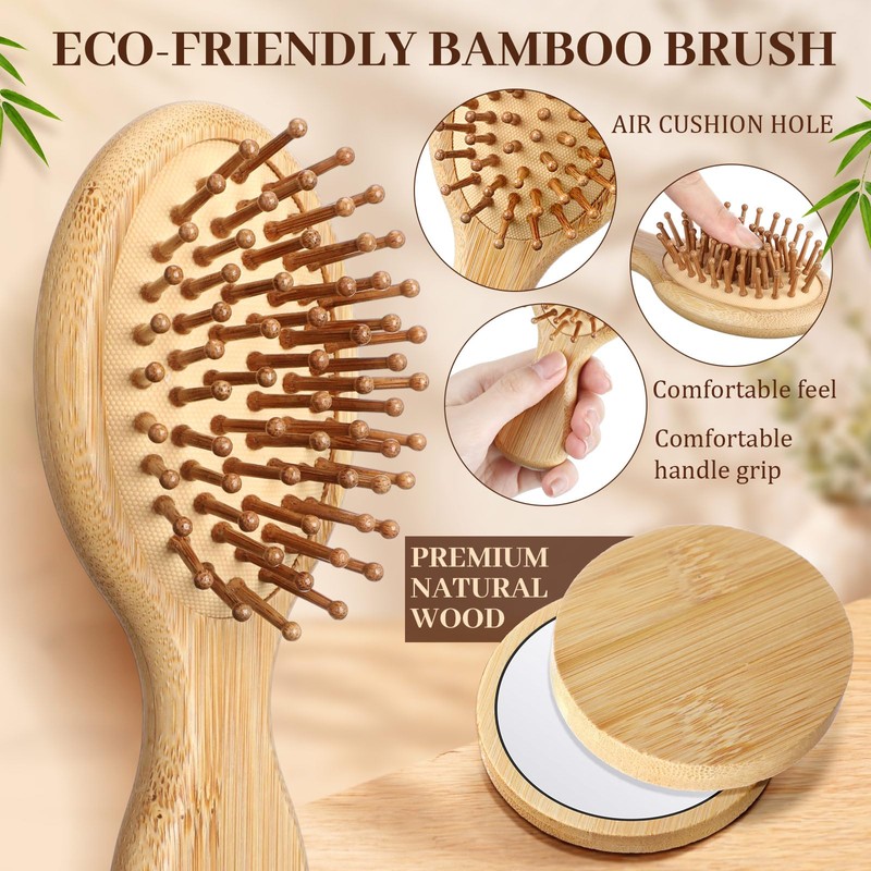 48 Pack Mini Bamboo Hair Brush and Wooden Makeup Mirror