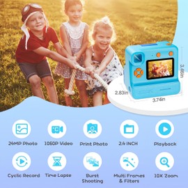 Kids Camera Instant Print, Christmas Birthday Gifts for Girl Boys 3-12 Years Old, FHD Selfie Digital Video Cameras Toddler 3 Rolls Print Paper & 32G Card (Blue)