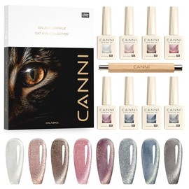 CANNI Juego De 8 Esmaltes De Uñas En Gel Con Efecto Ojo De Gato De 9 Ml Con Purpurina Holográfica Color Rosa Azul Y Plateado Con Imán Colores Brillant
