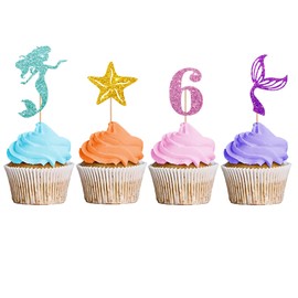 Mermaid Six Cupcake Toppers, Under The Sea Themed Six Year Old Cupcake Toppers, Mermaid Happy 6th Birthday Dessert Picks, Little Mermaid 6th Anniversary Party Decoration - Pink Glitter