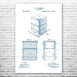 Langstroth Beehive Poster Print, Honey Lover, Beekeeper Gift, Farmers Market, Farmhouse Decor, Beekeeping Art Blue & White (11 inch x 14 inch)