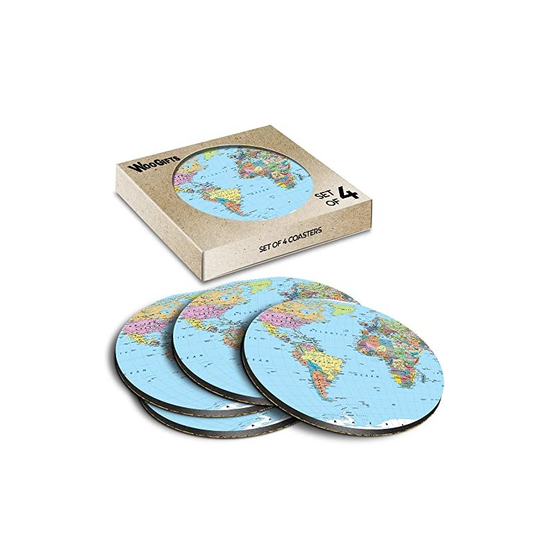 4 x Round Coasters - World Map Globe Earth Geography