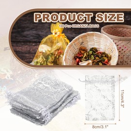 MECCANIXITY Organza Bags, 100Pcs 3.1x4.3 Inch Candy Mesh Bag with Drawstring Jewelry Gift for Party Favor Pouch Christmas Wedding Festival Small Gift, White-Silver