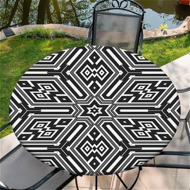 Outdoor round tablecloth with elastic band, diameter 60 inches (150 cm), elastic garden tablecloth with black and white
