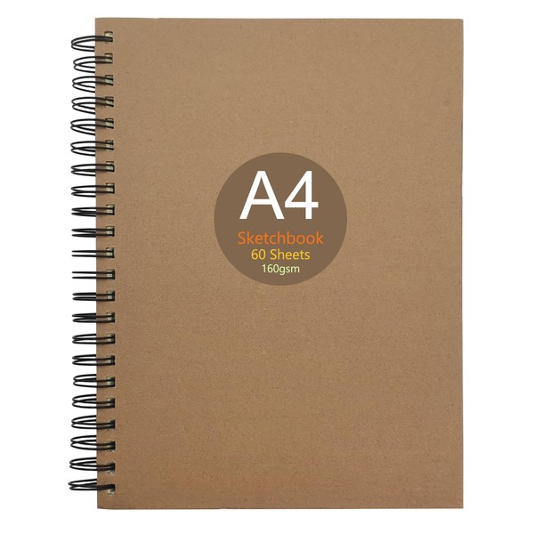 A4 Sketchbook, Spiral Bound Notebook, Kraft Cover Blank Sketchpad, Blank