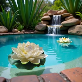 Floral Kingdom 12" XLarge Realistic Floating Lotus with Lily Pad - Premium Foam Flowers for Pools, Ponds, Weddings, Summer Decor (Set of 2, White)