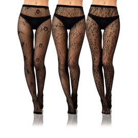 Women Fishnet Stocking Black Tight Skull Spider Web Legging Tight Small Hole Pattern High Pantyhose Waist Lace (Skull, Leopard Style)
