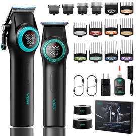 VGR 001 & 977 Professional Hair Clippers for Men, Cordless Barber Clippers and Zero Gap Trimmers Set, DLC Coating Blade Hair Cutting Kit with LED Display, USB Rechargeable Barber Set(Black)