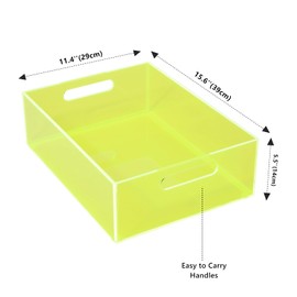 Large Acrylic Storage Bin Pantry Storage Container for Organizing with Handles Kitchen Organizer Bin for Organization of Fridge Cabinet Cupboard, Heavy Duty, 15.4 x 11.4 x 5.5 Inch, Neon Green