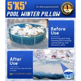 Angooni 5x5FT Heavy-Duty Pool Pillow with Sturdy Ropes - 0.4mm Thick PVC Pool Pillows for Winter with Boston Dual-Inflation Valve - Pool Closing Pillow for Above Ground Pools, No Leakage